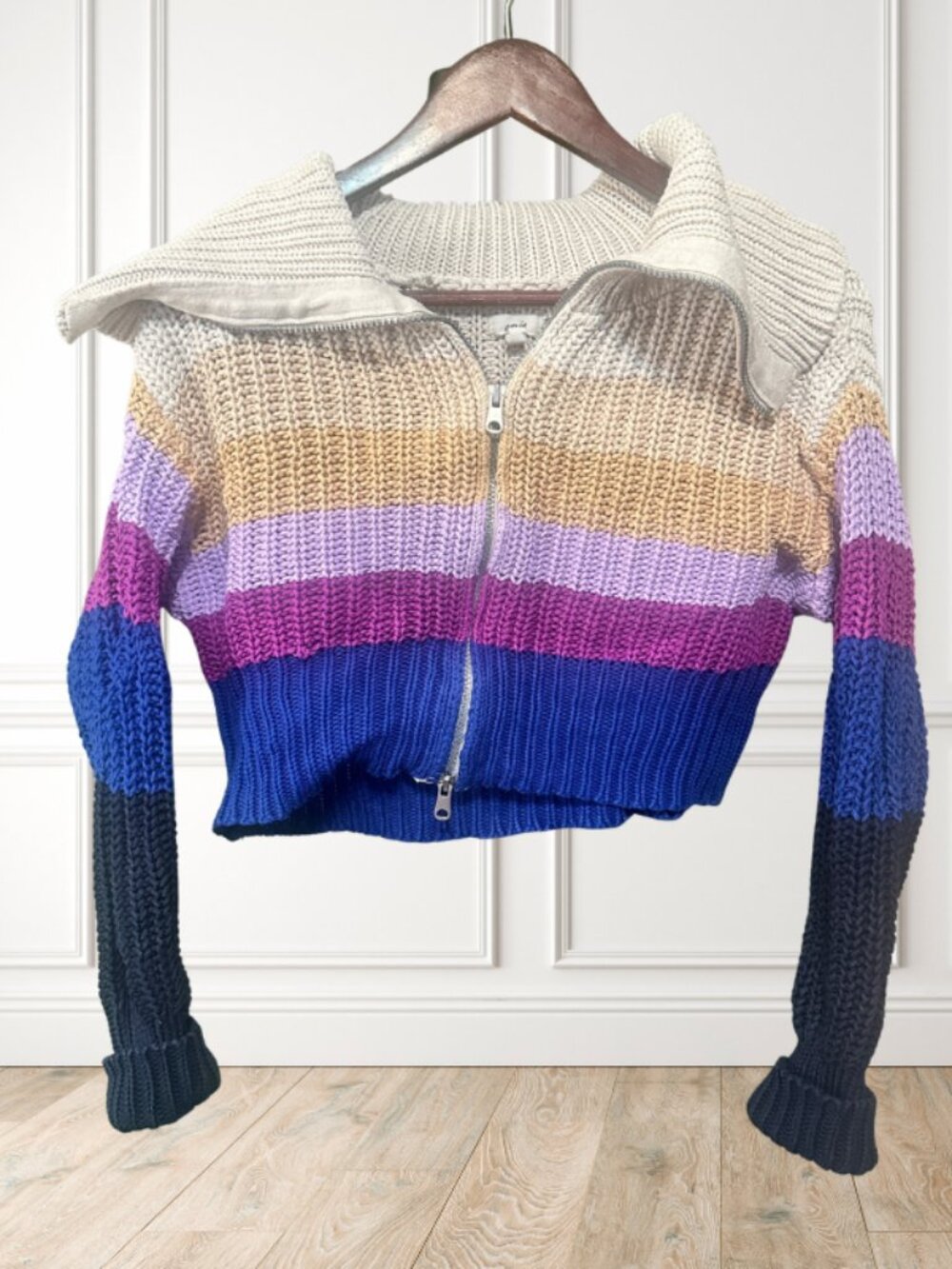 Aerie Chunky Knit Striped Cropped Zip Sweater XS